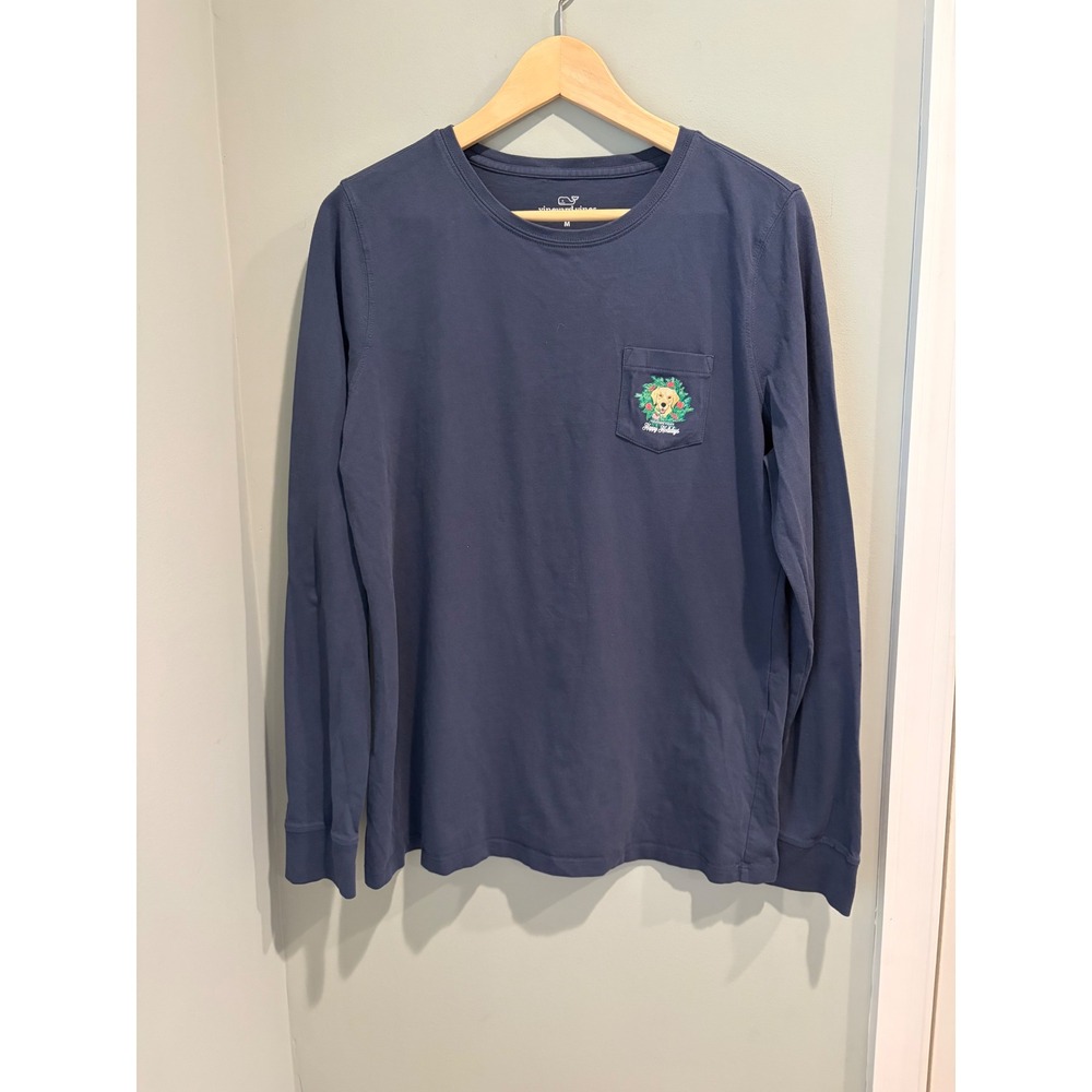Vineyard Vines Mens Navy Blue Golden Retriever Holiday Wreath Pocket T-Shirt M